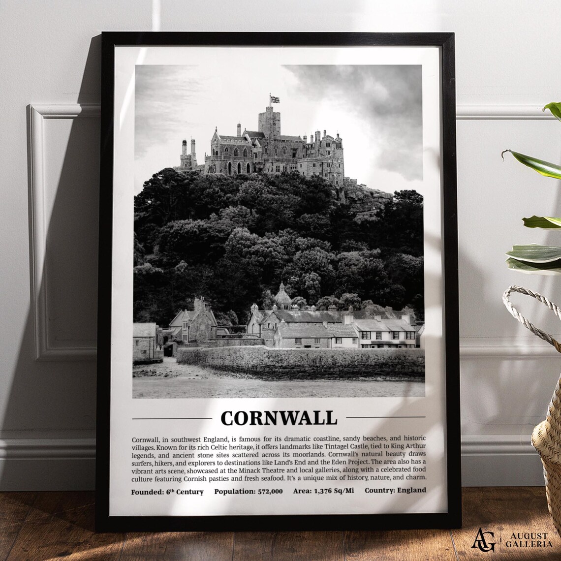 Cornwall Black And White Castle Hill Coastal Village Historic Poster