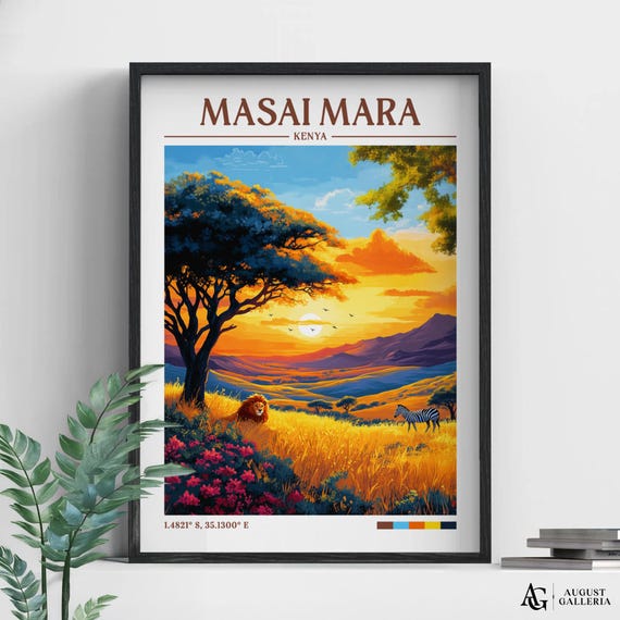 Masai Mara Retro Travel Print Wanderlust Posters Wall Art Framed Prints Canvas Poster Illustration