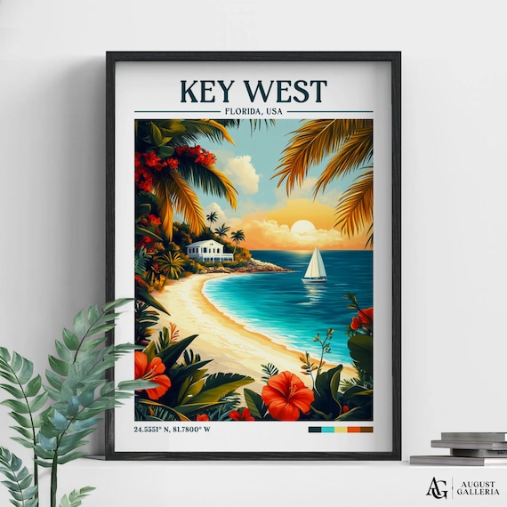 Key West Florida Retro Travel Poster with Sailboat and Beach