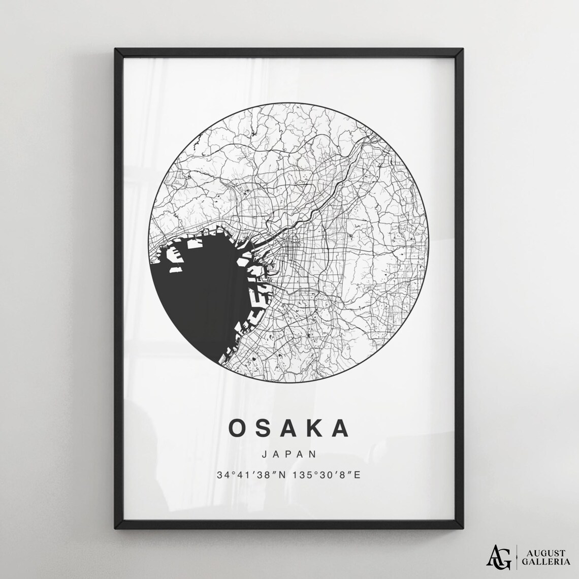 Osaka Japan Circular Minimalist Black White City Map Art Poster