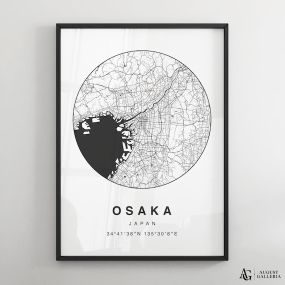 Osaka Japan Circular Minimalist Black White City Map Art Poster