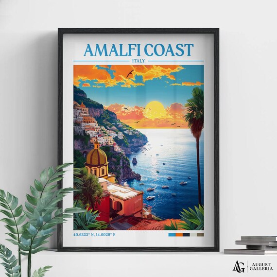 Amalfi Coast Italy Retro Travel Sunset Cliffs and Boats Poster