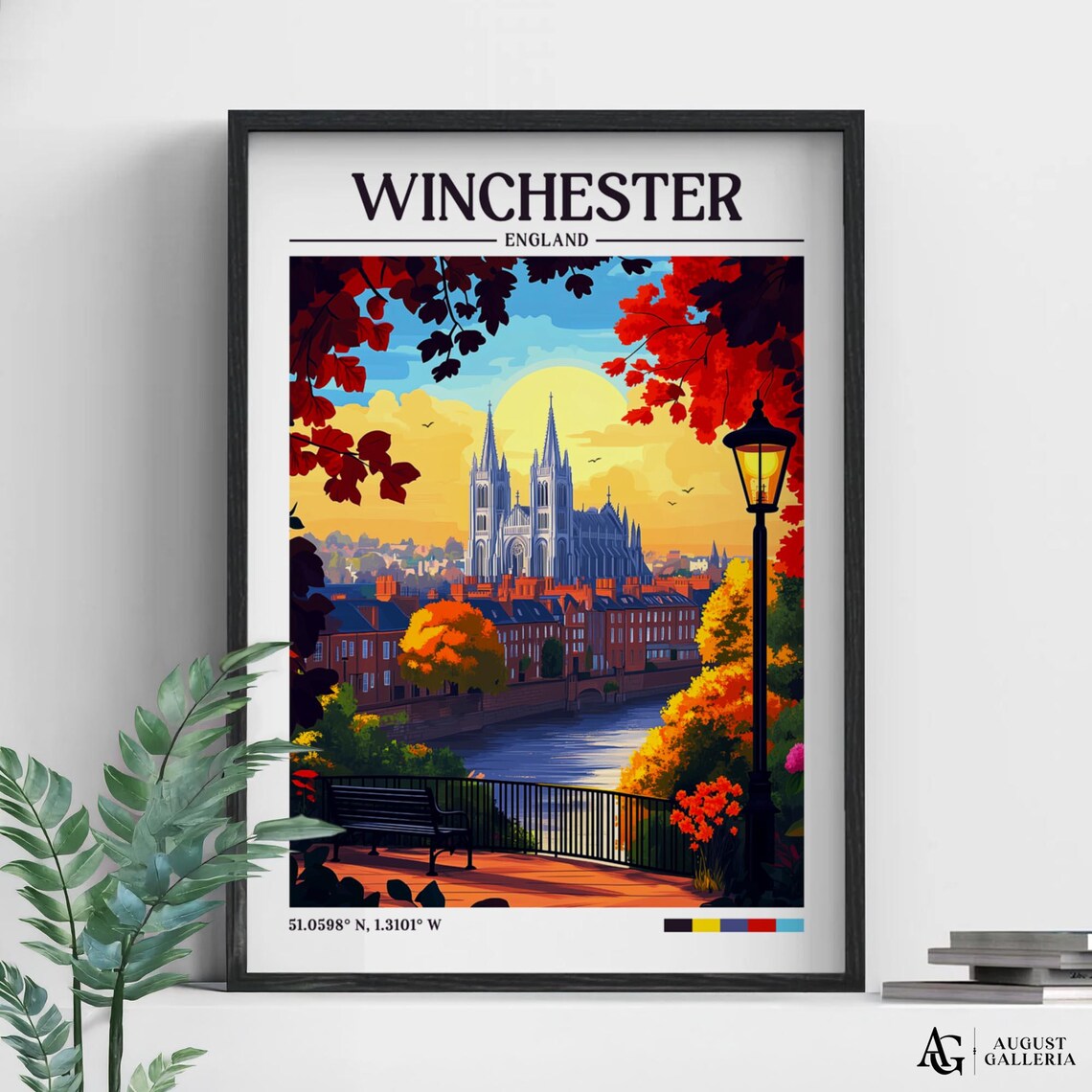 Winchester England Cathedral Riverside Autumn Vintage Travel Poster