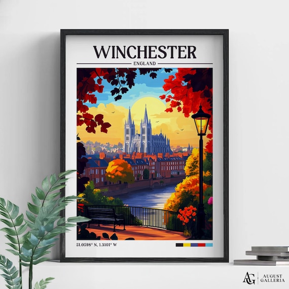Winchester England Cathedral Riverside Autumn Vintage Travel Poster