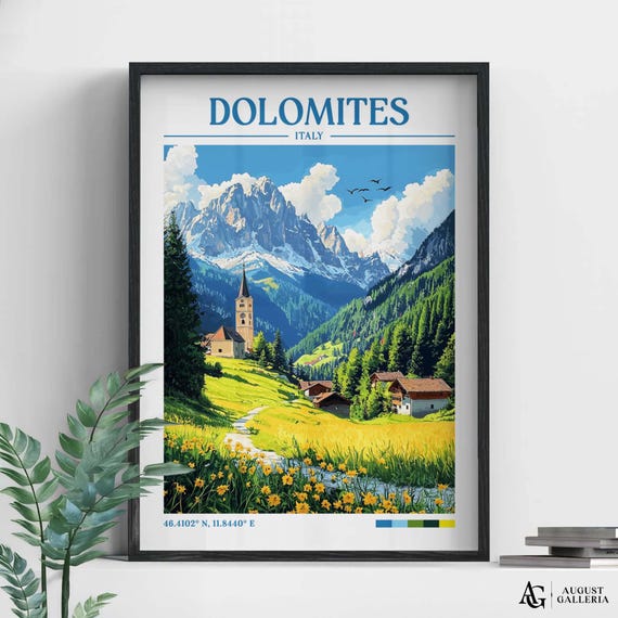 Dolomites Italy Retro Travel Print Wanderlust Posters Illustration Wall Art Framed Prints Canvas Poster