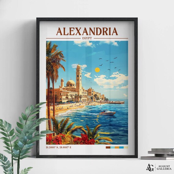 Alexandria Egypt Retro Travel Beach Mosque Coastal Scene Poster