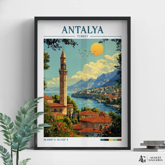 Antalya Turkey Yivli Minaret Harbor at Golden Sunset Travel Poster