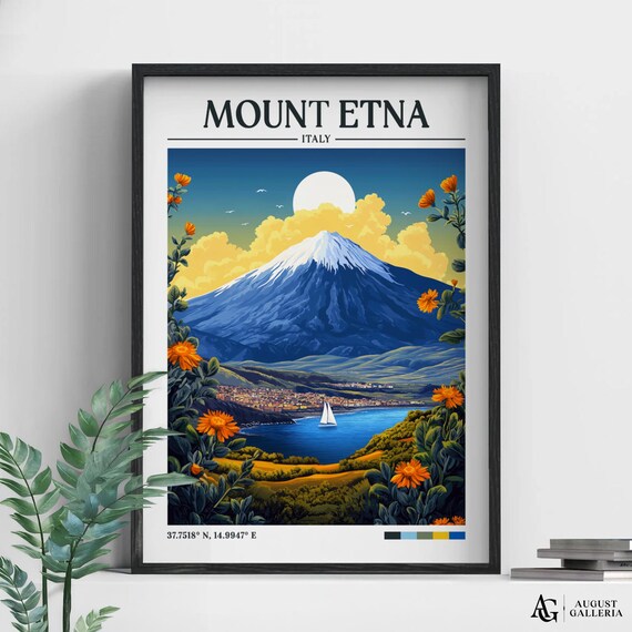 Mount Etna Italy Volcano Sailboat Coastline Sunset Travel Poster