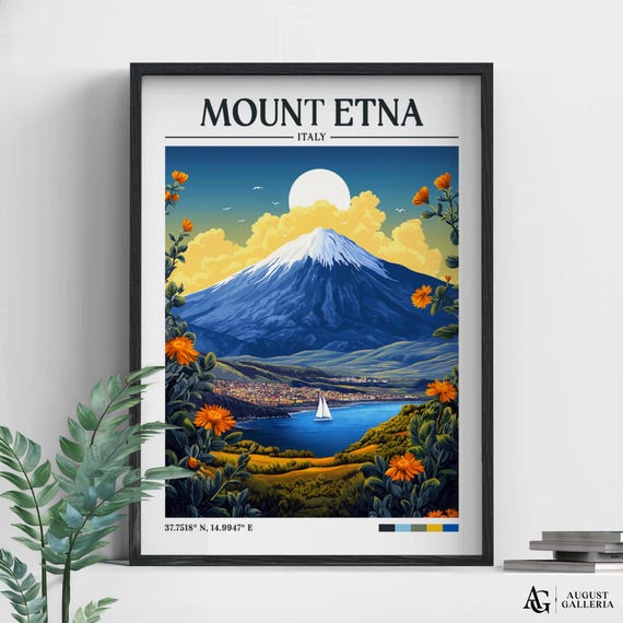 Mount Etna Retro Travel Print Wall Art Framed Canvas Poster Illustration Wanderlust