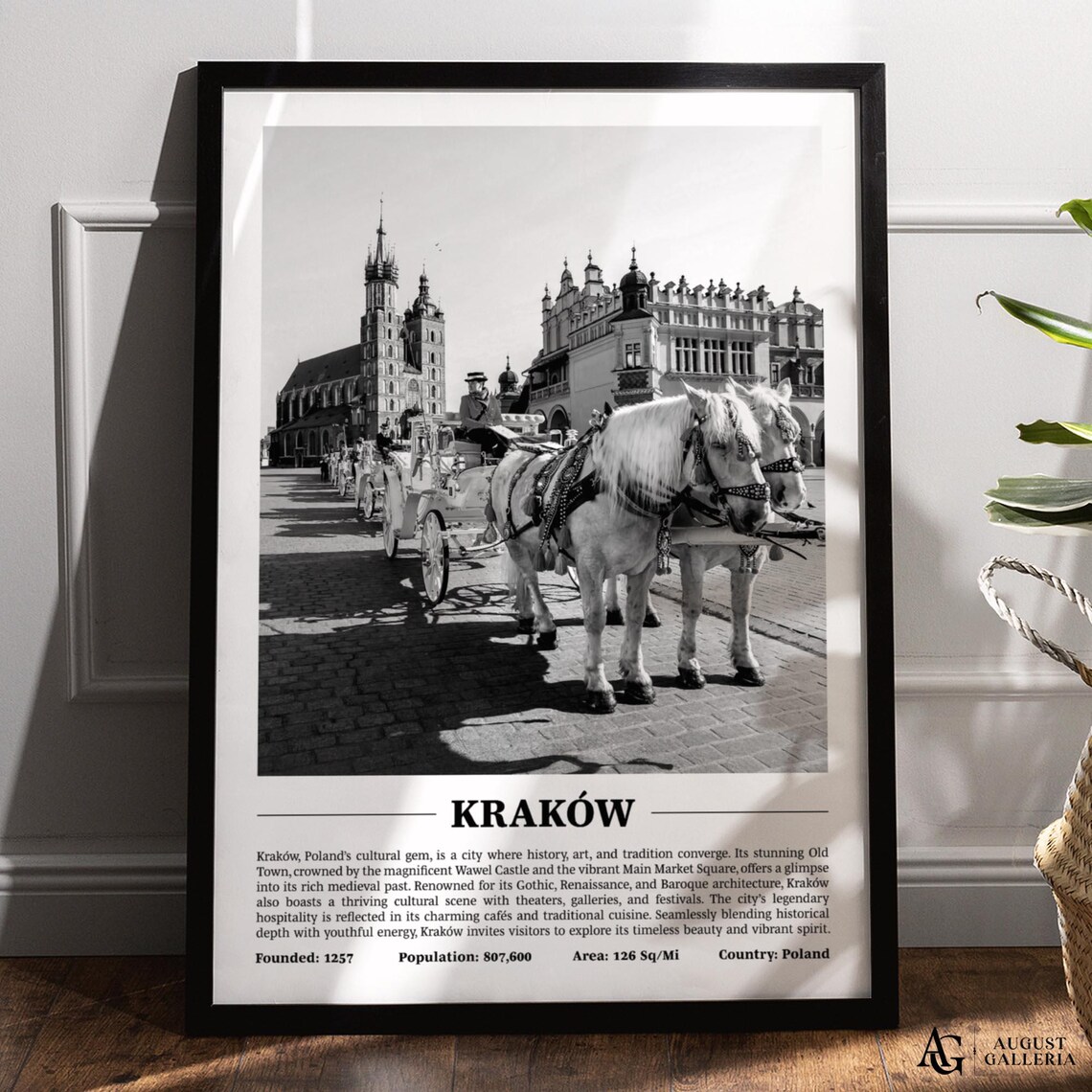 Krakow Horse Carriages Old Town Black and White Poland Poster