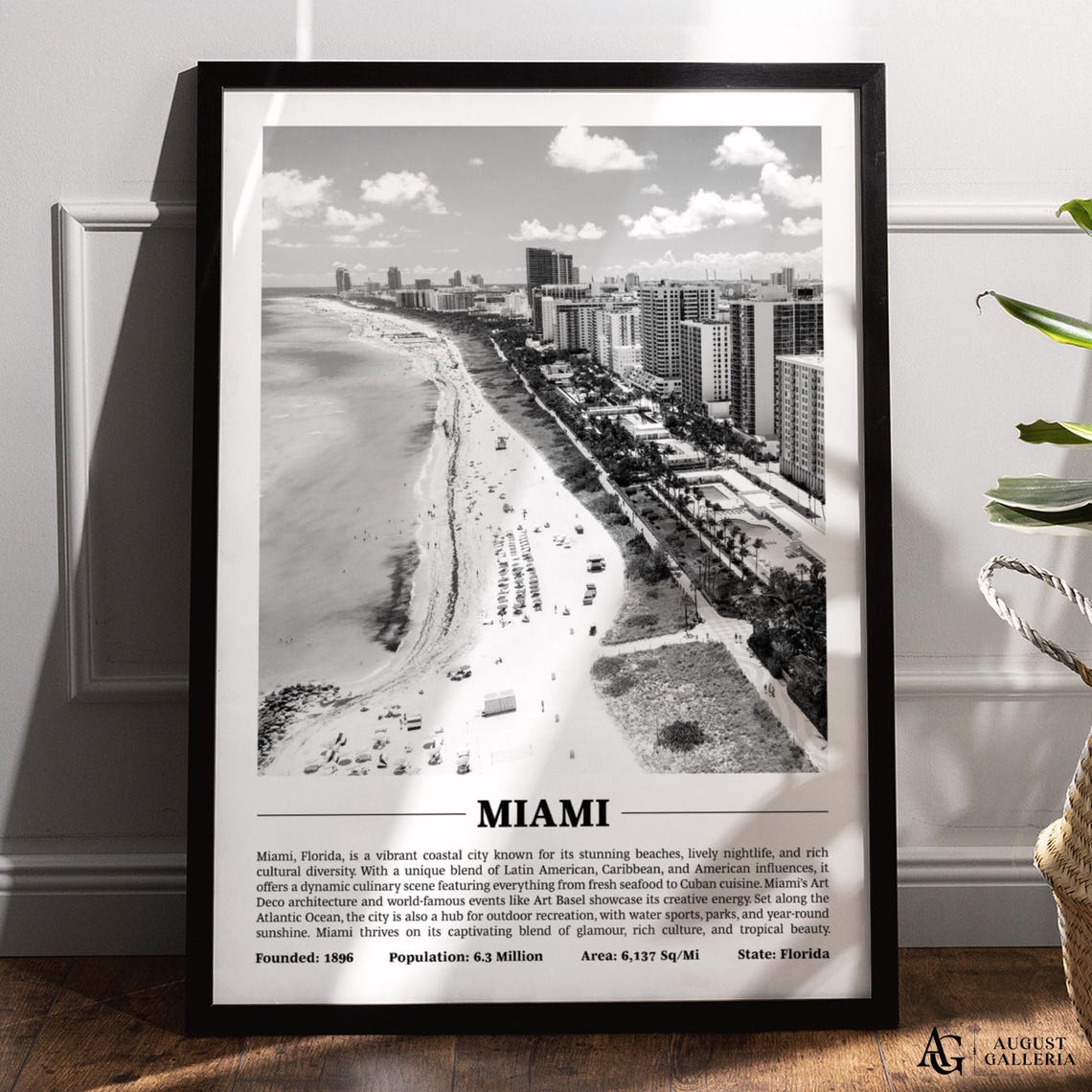 Miami Beach Aerial View With Shoreline Black And White Poster