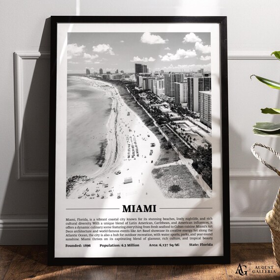 Miami Beach Aerial View With Shoreline Black And White Poster