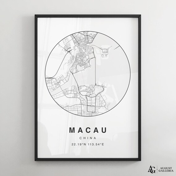 Macau China Circular City Map Minimalist Black White Art Poster