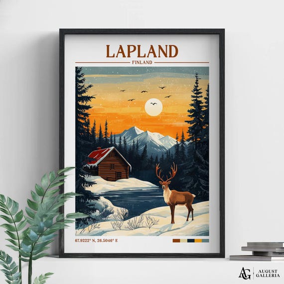 Lapland Retro Travel Print Wanderlust Posters Illustration Wall Art Framed Prints Canvas Poster