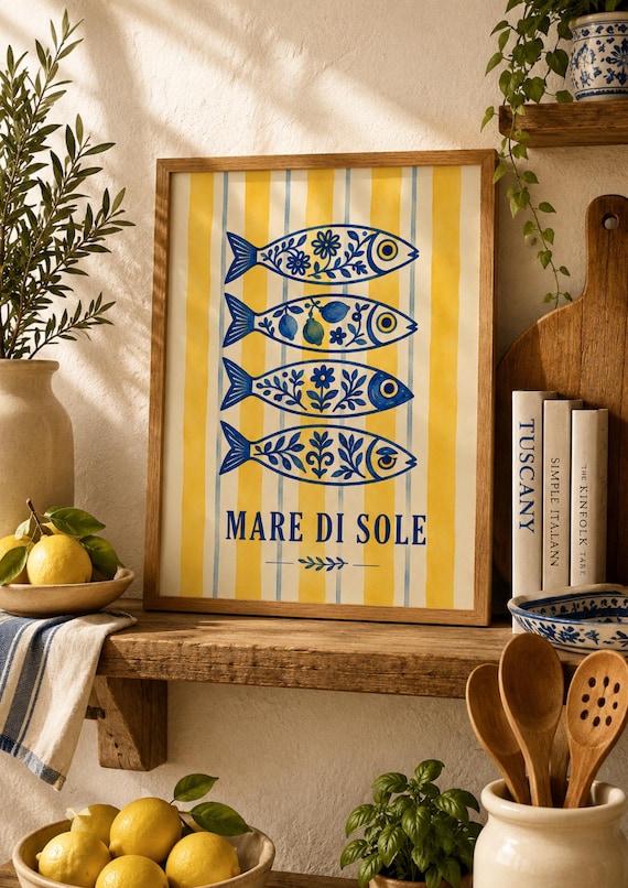 Mare Di Sole Italian Fish Pattern Blue Yellow Coastal Poster