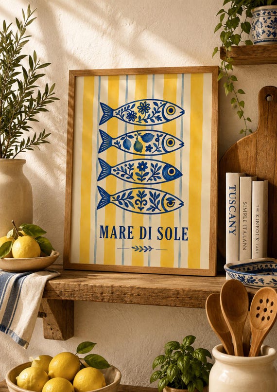 Mediterranean Fish Wall Art Print Italian Coastal Poster Amalfi Coast Decor Blue Yellow Nautical Artwork Sicilian Kitchen