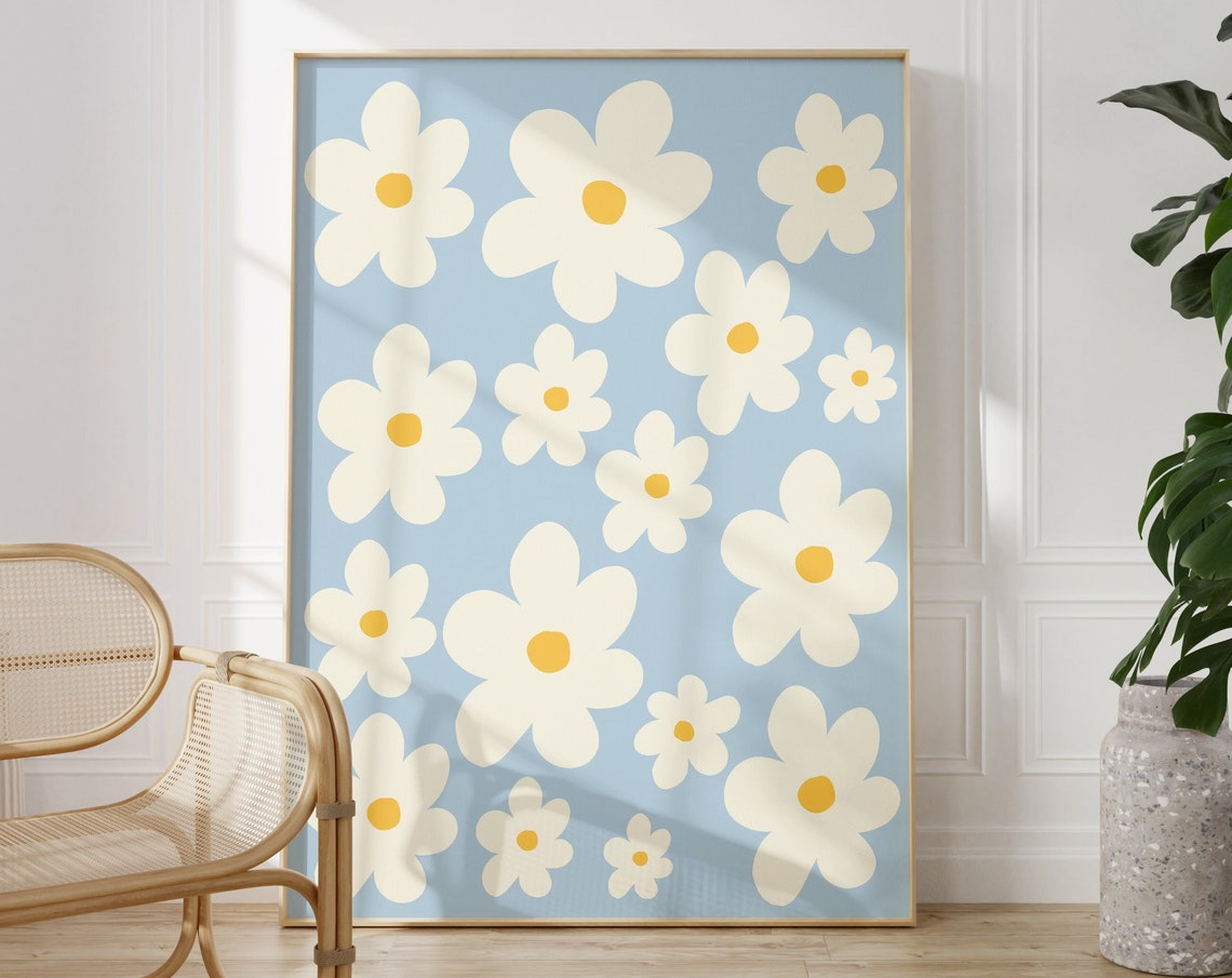 Soft Sky Blue Abstract Daisies Pattern Modern Botanical Poster