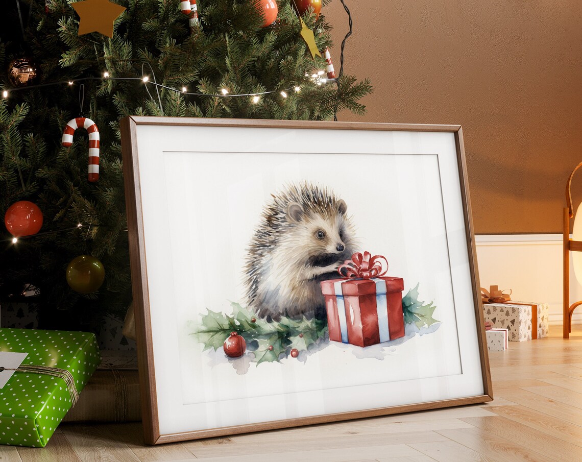 Cute Hedgehog with Red Christmas Gift Watercolor Holiday Art Poster
