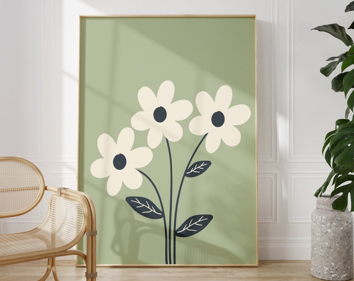 Three Cream Daisies On Sage Green Minimalist Floral Art Poster