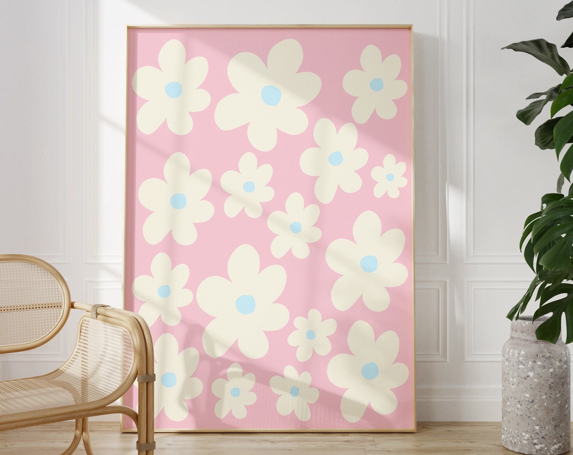 Pastel Pink Daisy Floral Pattern Cream Blossom Boho Art Poster