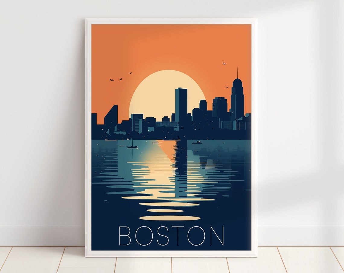 Boston Massachusetts Retro Sunset Skyline Harbor Travel Poster