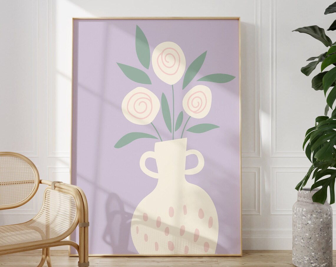 White Vase Pink Roses Lilac Background Boho Floral Wall Poster