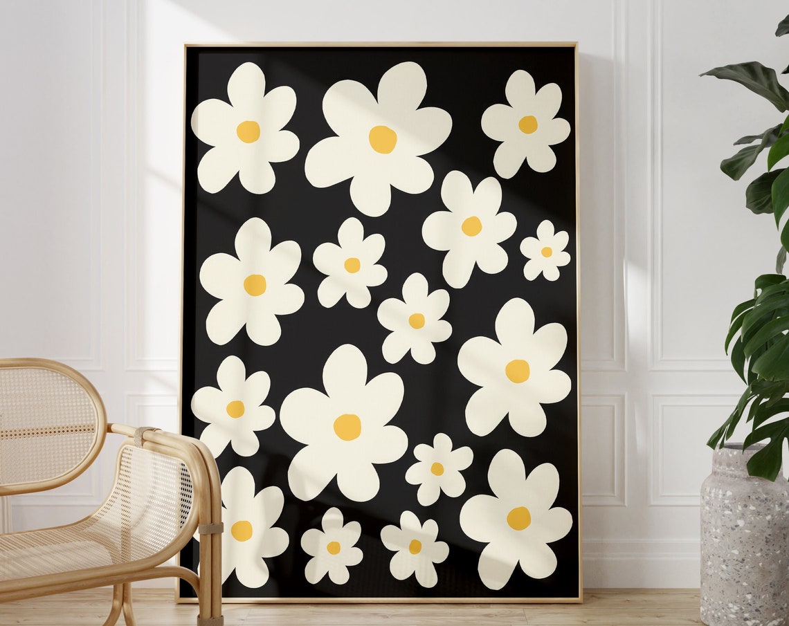 White Daisies Black Background Boho Abstract Floral Wall Poster