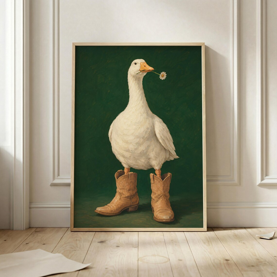 Cowboy Goose in Boots Holding Daisy Funny Western Farmhouse Painting Poster