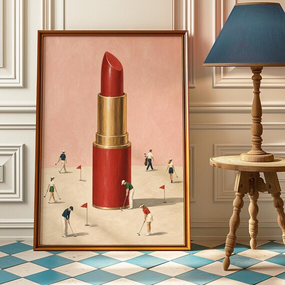 Giant Red Lipstick Tiny Golfers Quirky Golf Beauty Art Poster