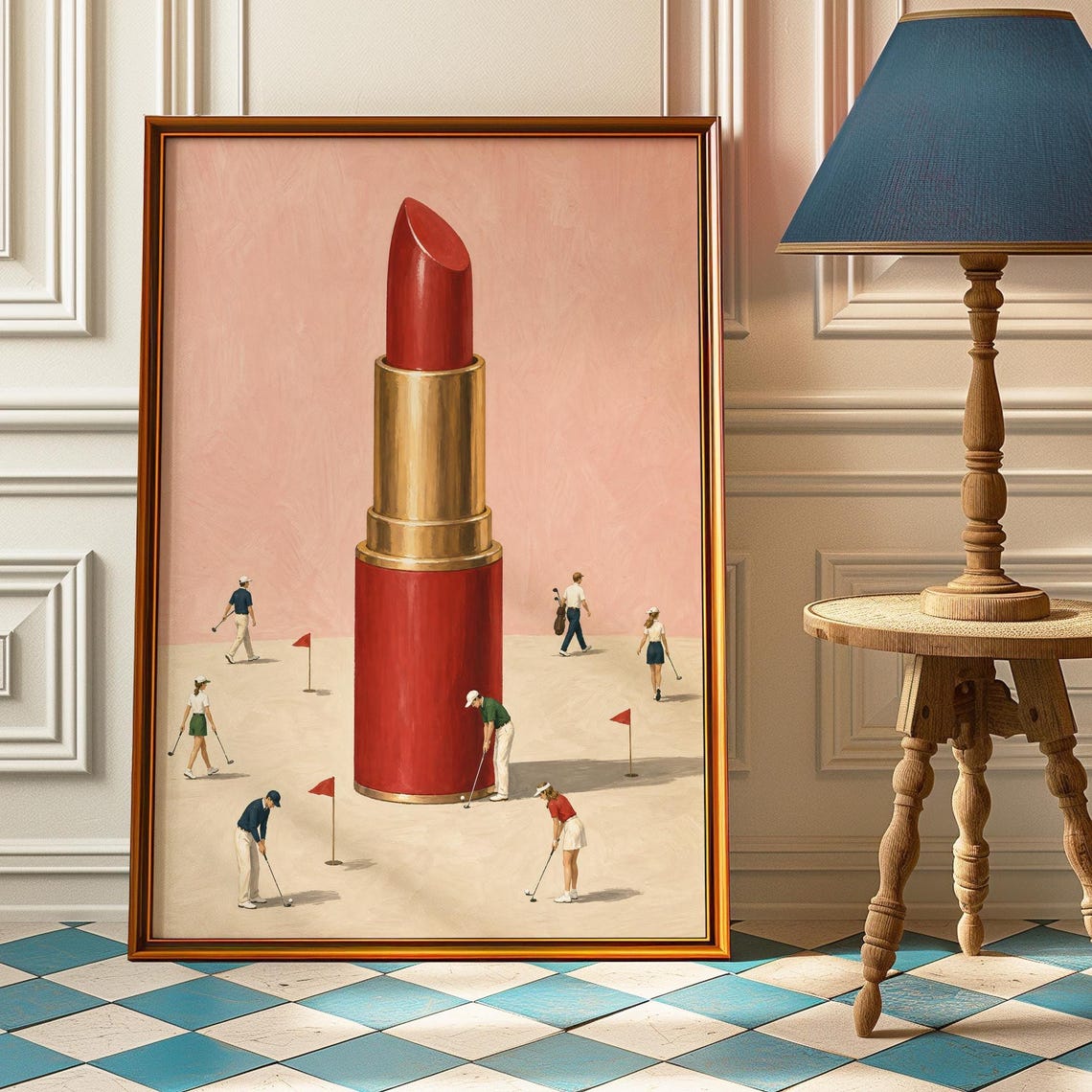 Giant Red Lipstick Tiny Golfers Quirky Golf Beauty Art Poster