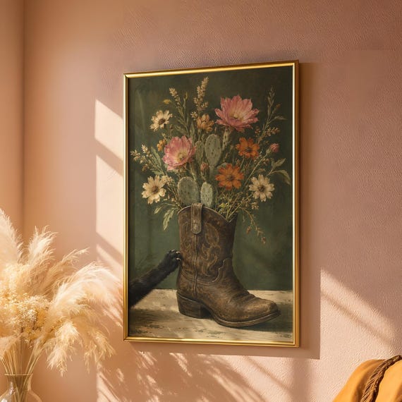 Cowboy Boot Floral Wall Art Western Cactus Wildflower Print Vintage Cottagecore Poster Country Kitchen Living Room Decor