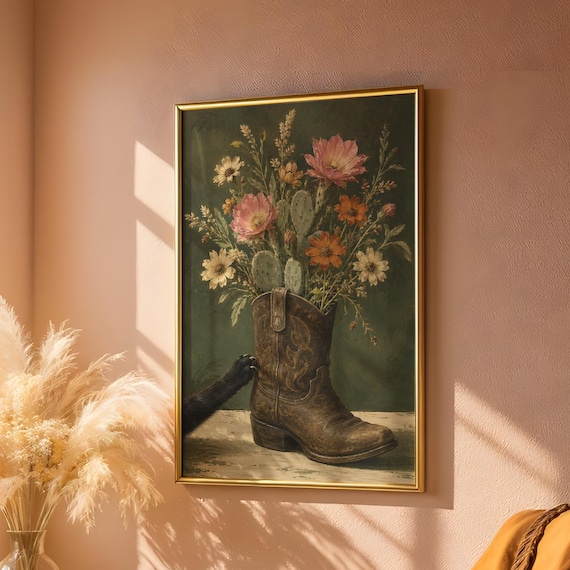 Cowboy Boot Wildflower Bouquet Vintage Western Floral Art Poster