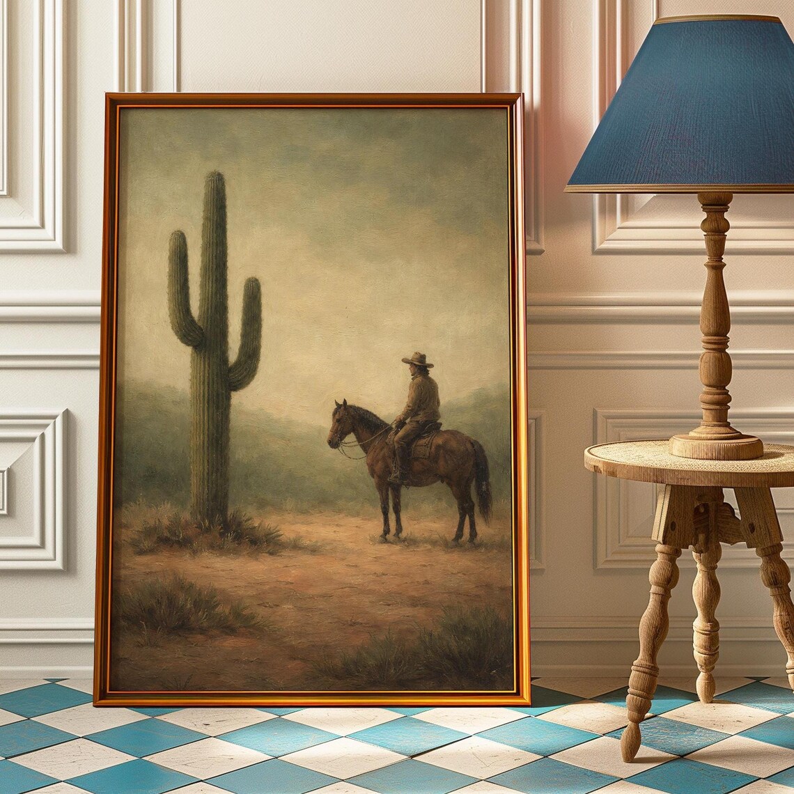 Vintage Western Cowboy Horseback Saguaro Desert Oil Painting Poster