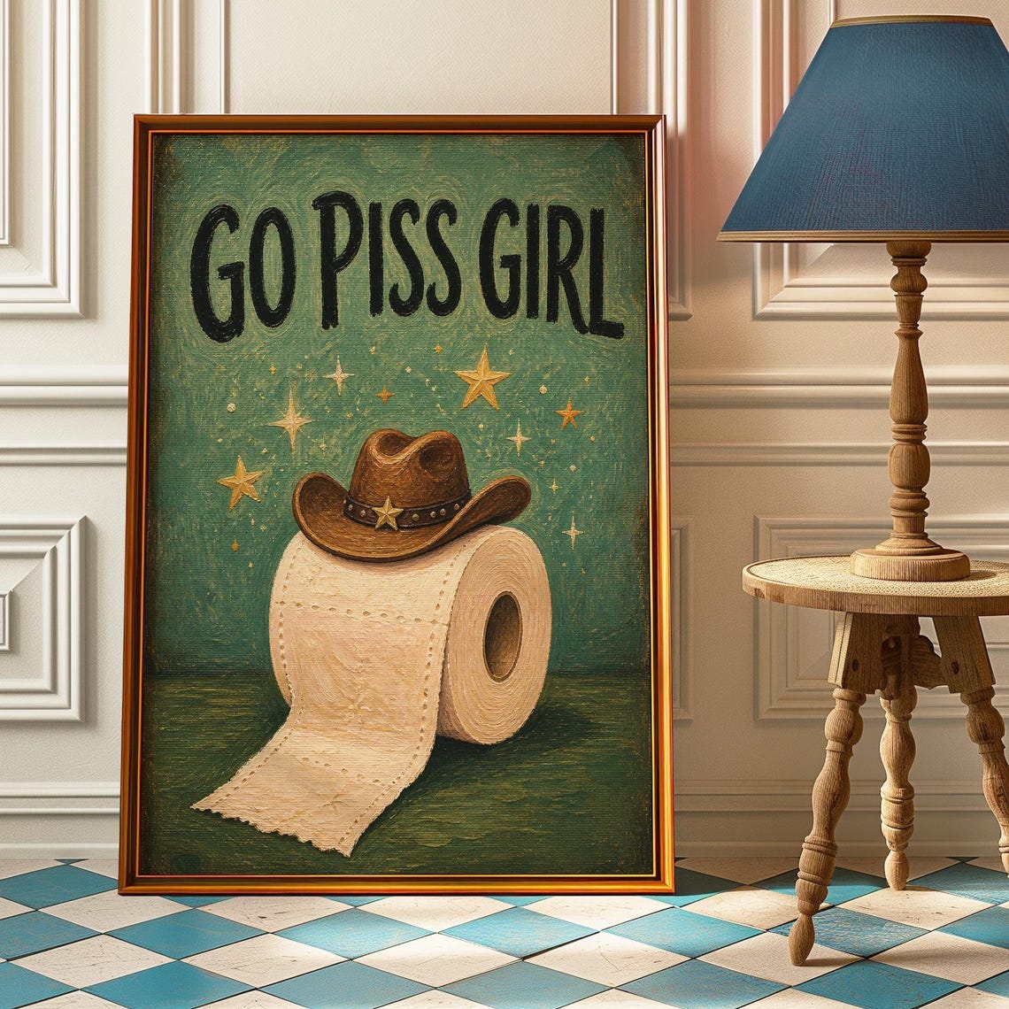 Go Piss Girl Poster Funny Western Bathroom Wall Art Cowboy Hat Print Vintage Toilet Humor Painting Half Bath Decor Cowgirl Gift