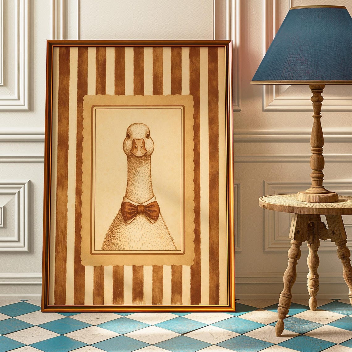 Dapper Duck Portrait with Bow Tie Vintage Sepia Style Animal Poster