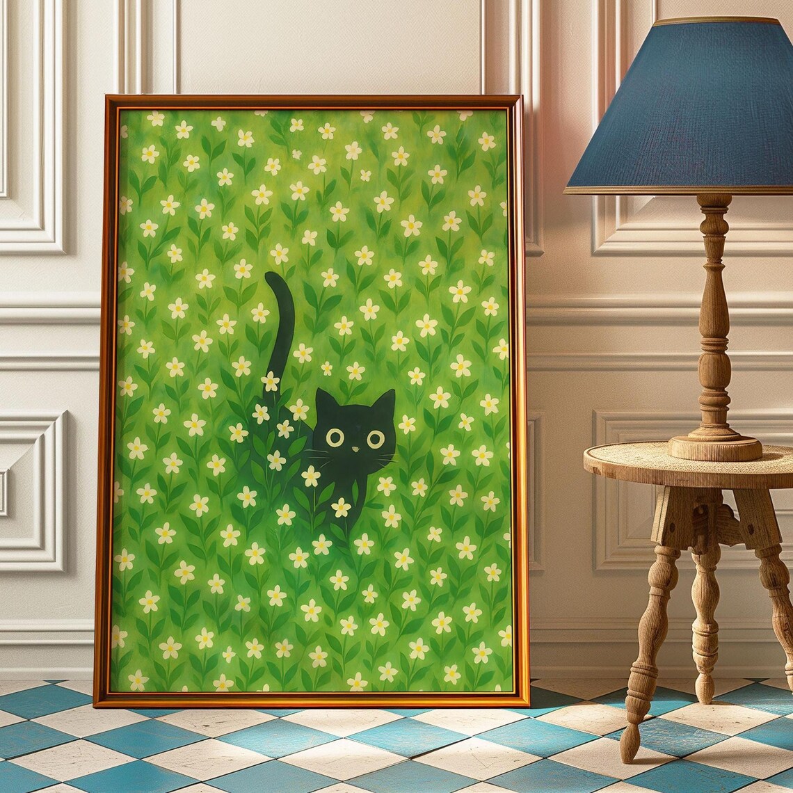 Black Cat Art Print, Whimsical Floral Nursery Decor
