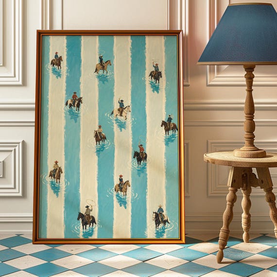 Blue Striped Cowboy Poster Tiny Horse Riders Wall Art Coastal Western Print Vintage Preppy Ranch Bedroom And Nursery Deco