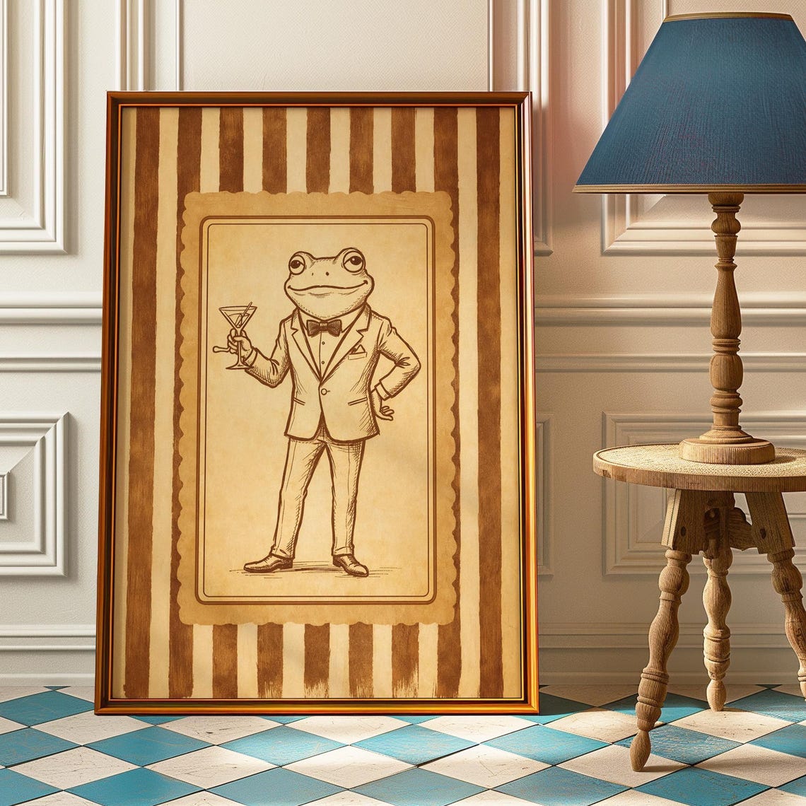 Dapper Frog in Suit Holding Martini Vintage Sketch Style Poster