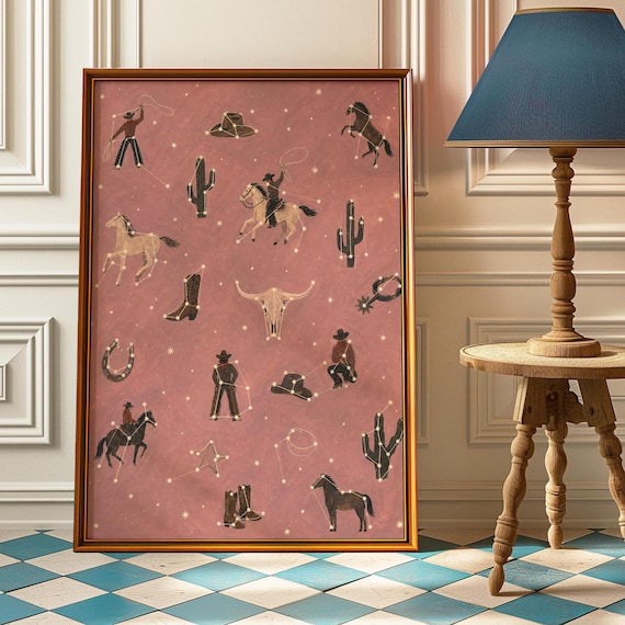 Cowboy Constellation Poster Pink Celestial Western Wall Art Tiny Ranch Icon Print Quirky Cowgirl Bedroom And Nursery Decor