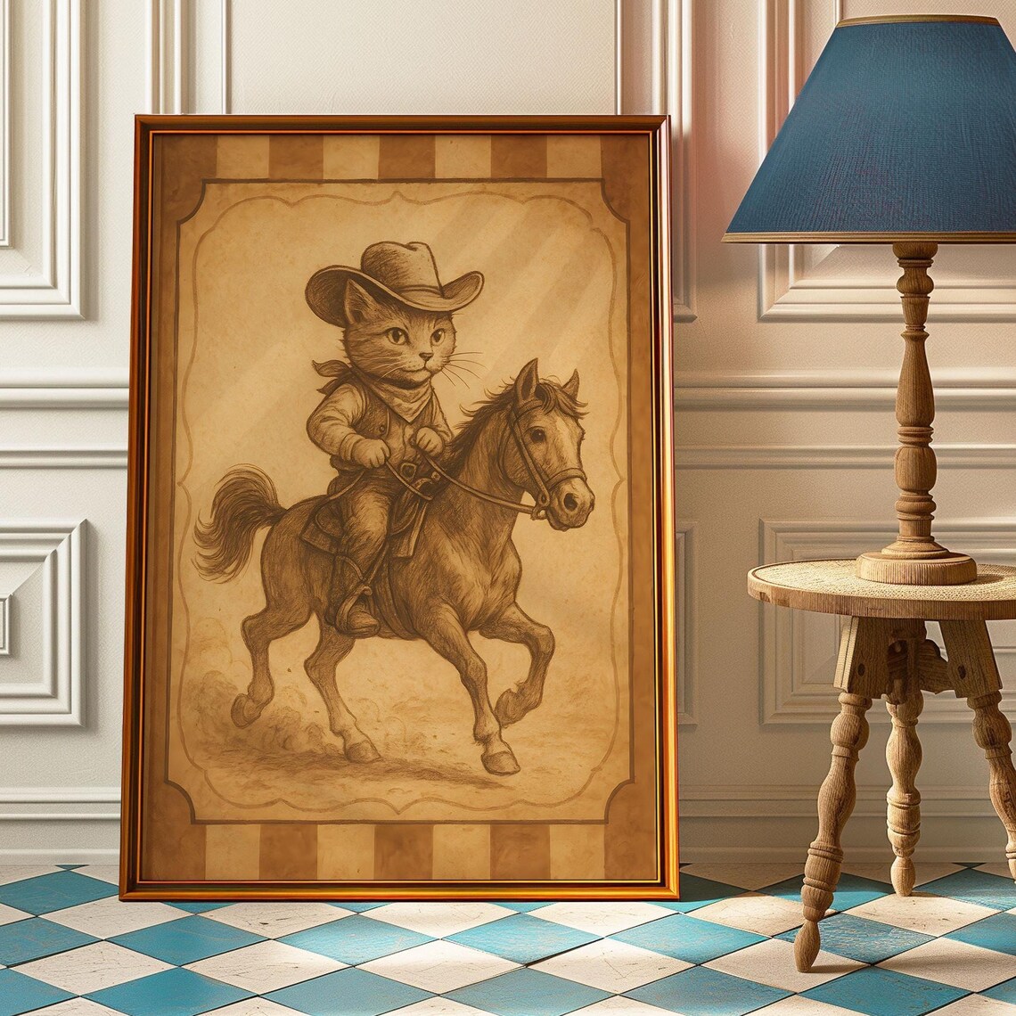 Vintage Cat Cowboy Poster, Retro Western Nursery