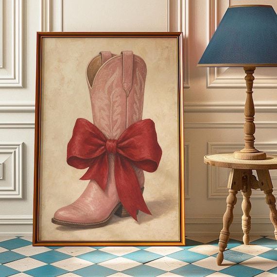 Pink Cowboy Boot Red Bow Poster Coquette Cowgirl Wall Art Girly Western Print