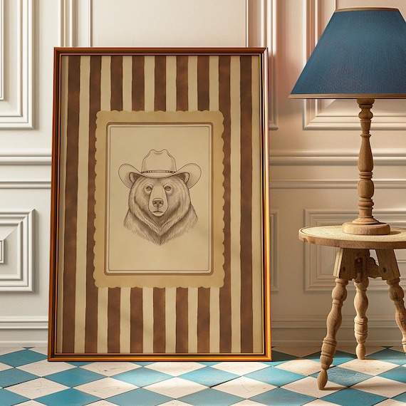 Bear Wearing Cowboy Hat Vintage Sketch Striped Western Poster