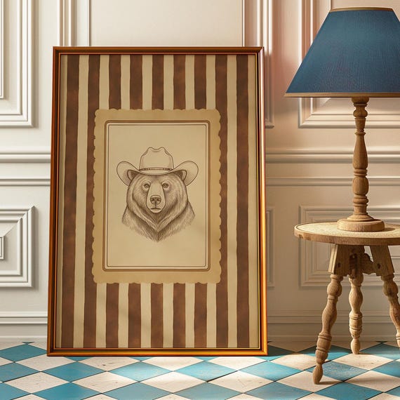 Cowboy Bear Wall Art Print Rustic Western Nursery Poster Vintage Animal Home Decor Man Cave Country Room