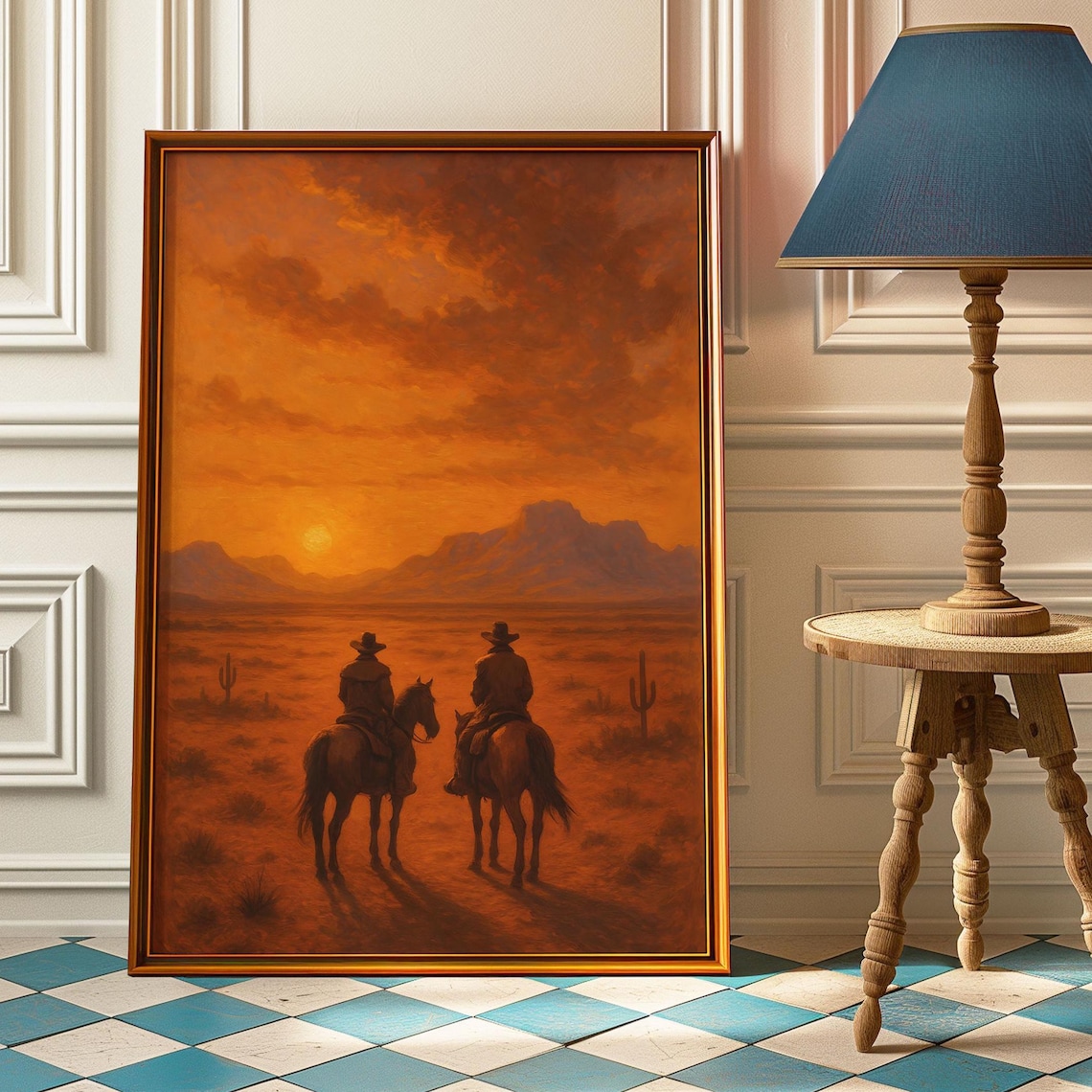 Vintage Western Sunset Poster Print, Cowboy Riders