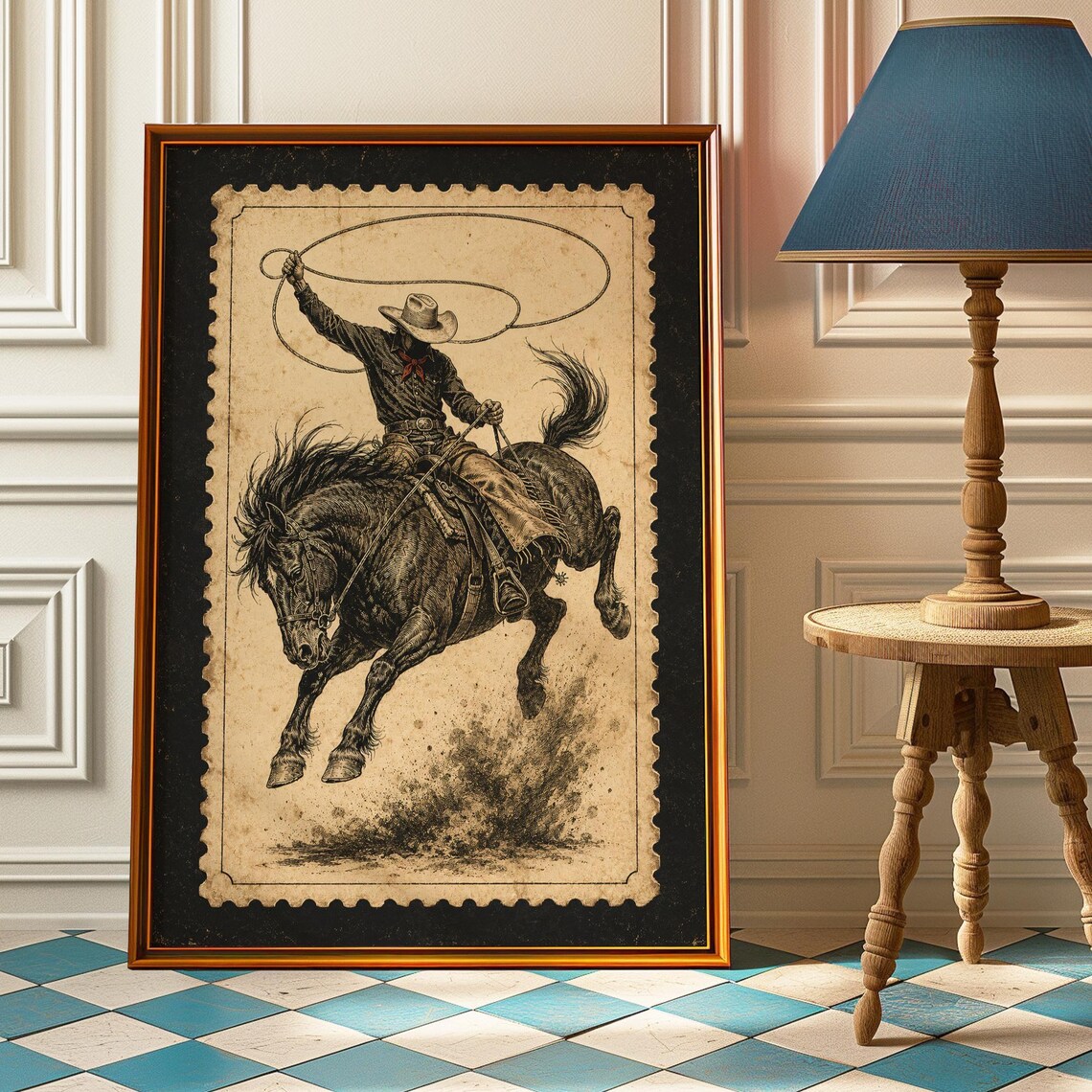 Cowboy Bronc Rider Lasso Sepia Stamp Style Vintage Western Rodeo Art Poster