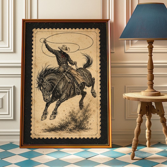 Cowboy Bronc Rider Lasso Sepia Stamp Style Vintage Western Rodeo Art Poster