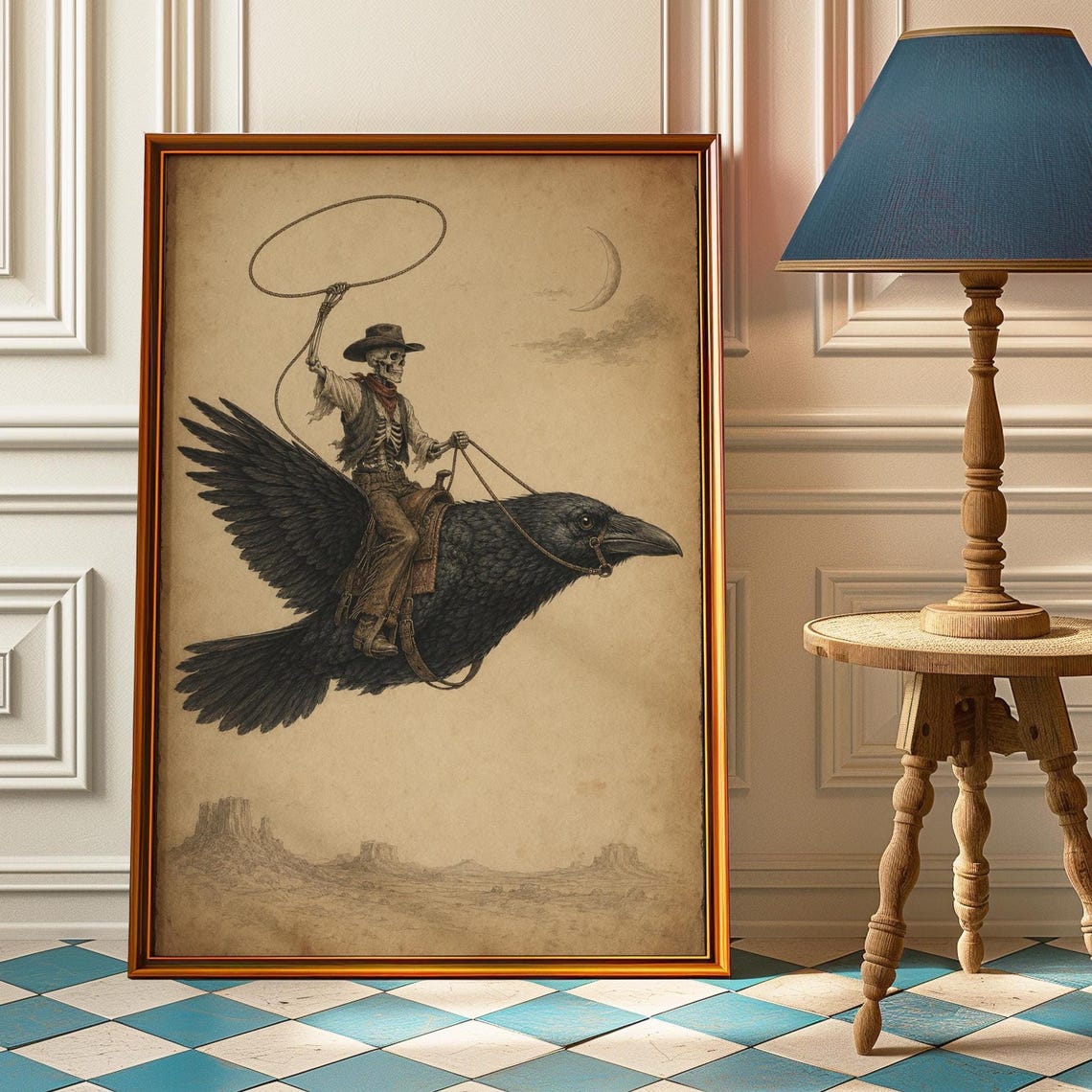 Skeleton Cowboy Riding Giant Raven Gothic Vintage Art Poster
