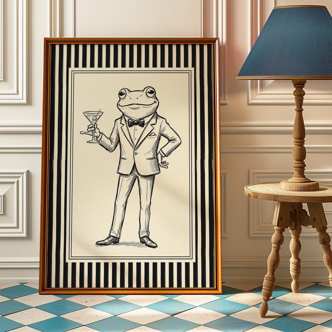 Dapper Frog Poster Black White Martini Wall Art Funny Tuxedo Print Modern Bar Cart Decor