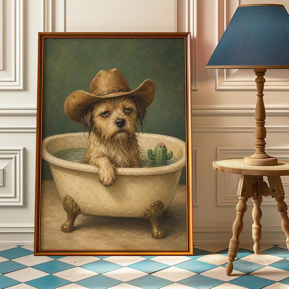 Cowboy Dog Bathtub Wall Art Funny Western Puppy Print Whimsical Bathroom Poster Vintage Country Nursery Decor