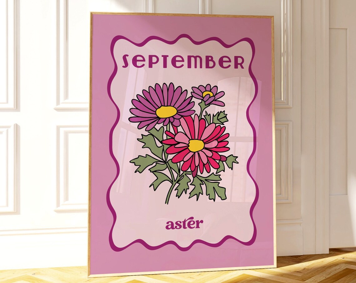 September Aster Birth Flower Pink Botanical Retro Wall Poster